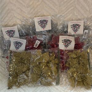 Glittery Poinsettia Decorations in Gold, Silver, and Red